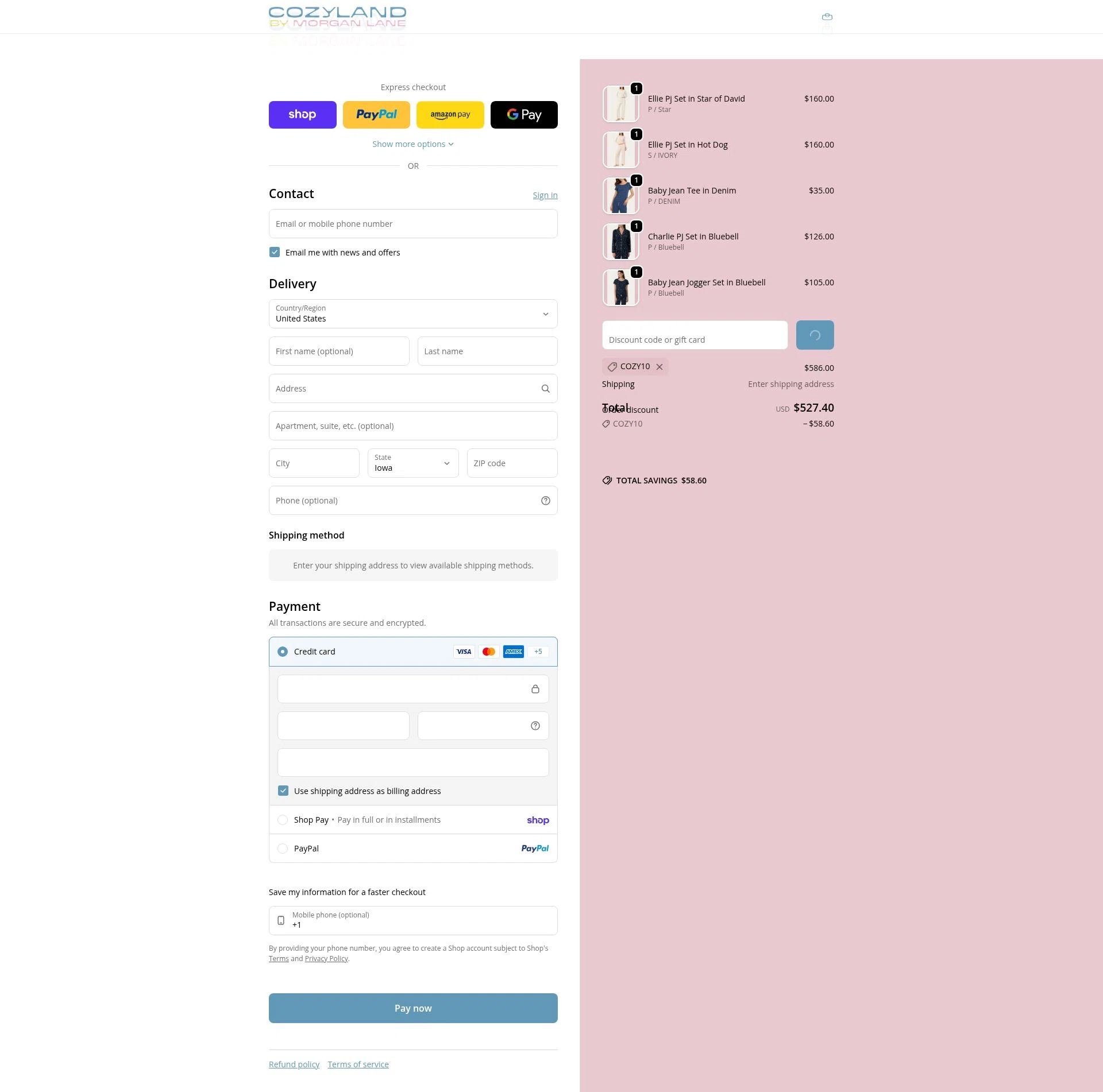 Cozyland checkout page showing Cozyland discount code box | Screenshot taken by SimplyCodes community member on Feb 1, 2026