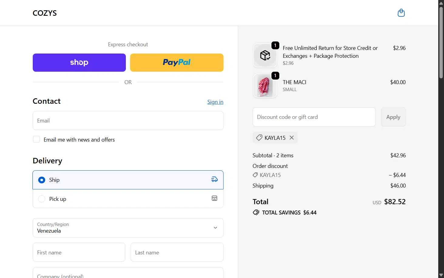 Cozys Blankets checkout page showing Cozys Blankets discount code box | Screenshot taken by SimplyCodes community member on Feb 6, 2026