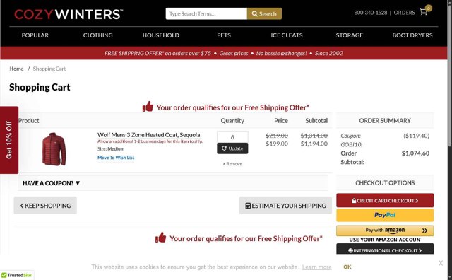 CozyWinters checkout page showing CozyWinters coupon code box | Screenshot taken by SimplyCodes community member on Jun 9, 2025