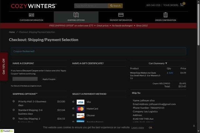 CozyWinters checkout page showing CozyWinters coupon code box | Screenshot taken by SimplyCodes community member on Aug 5, 2025