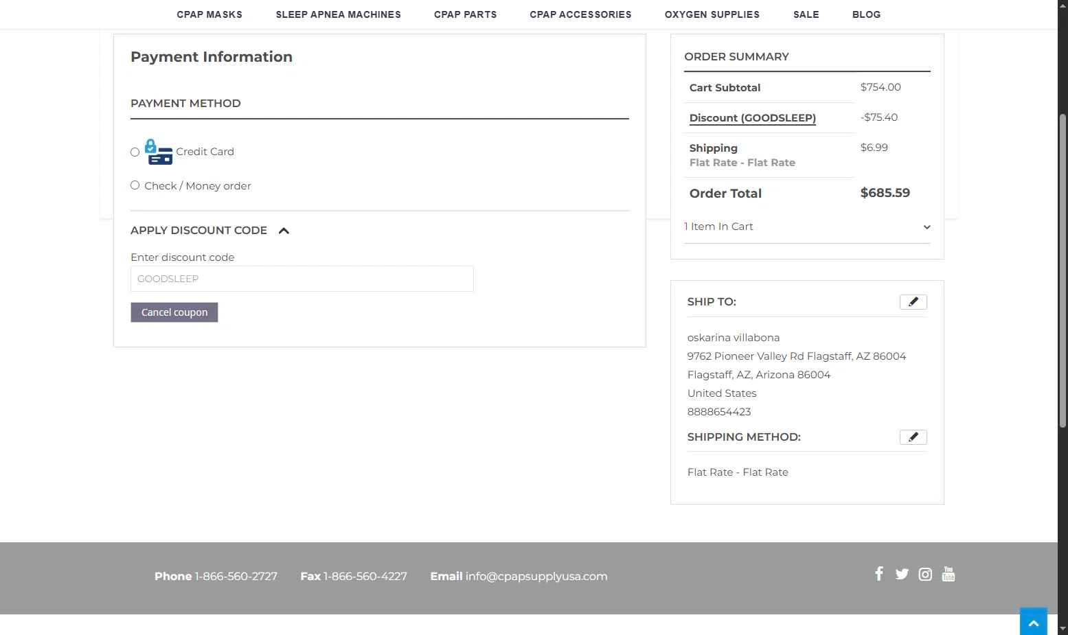 CPAP Supply USA checkout page showing CPAP Supply USA discount code box | Screenshot taken by SimplyCodes community member on Nov 6, 2025