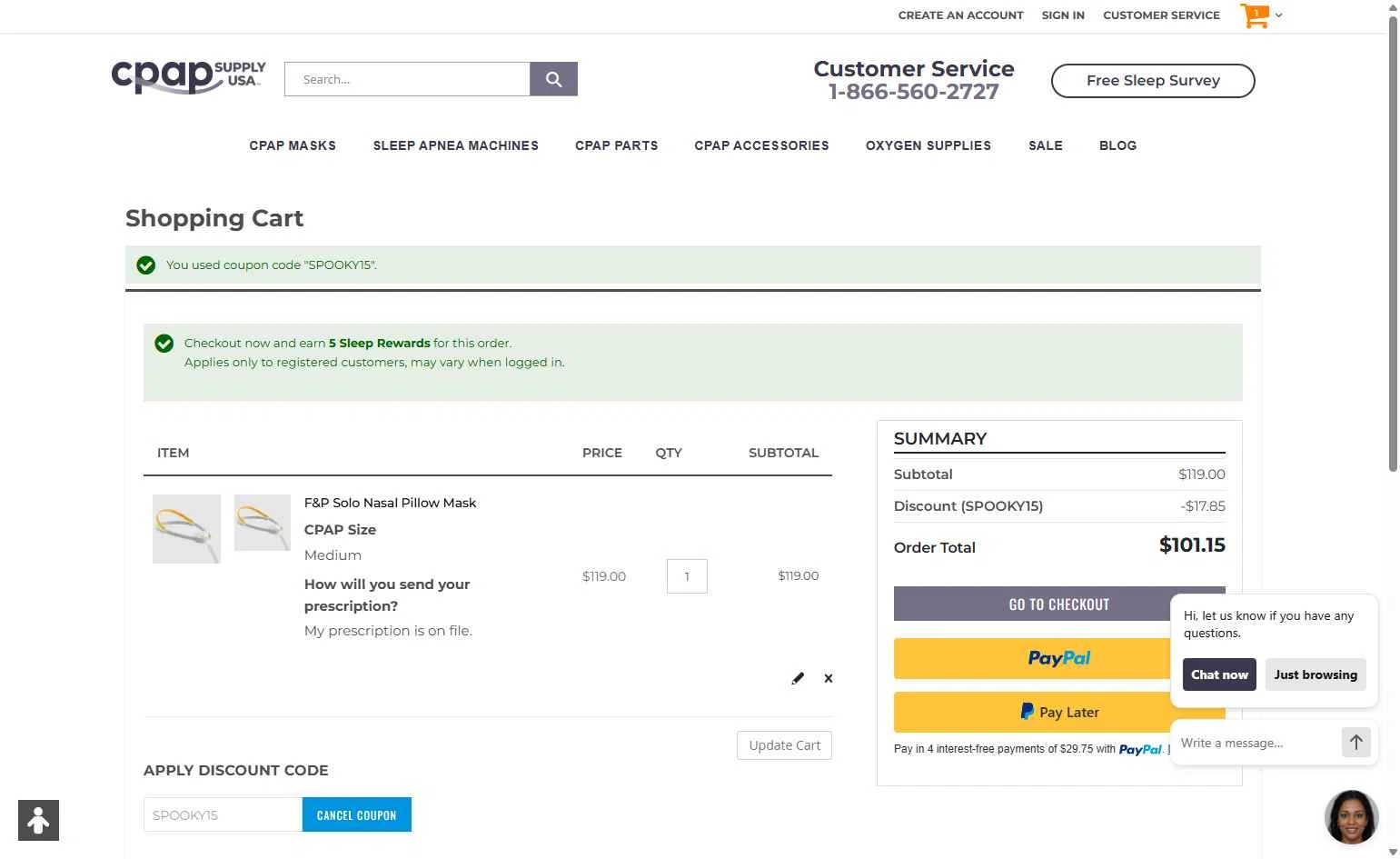 CPAP Supply USA checkout page showing CPAP Supply USA discount code box | Screenshot taken by SimplyCodes community member on Oct 30, 2025