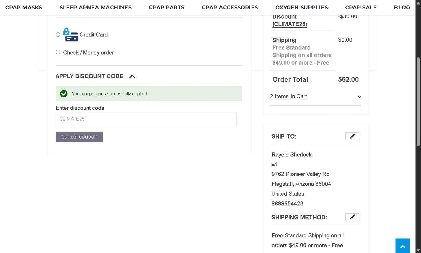 CPAP Supply USA checkout page showing CPAP Supply USA discount code box | Screenshot taken by SimplyCodes community member on Dec 26, 2025