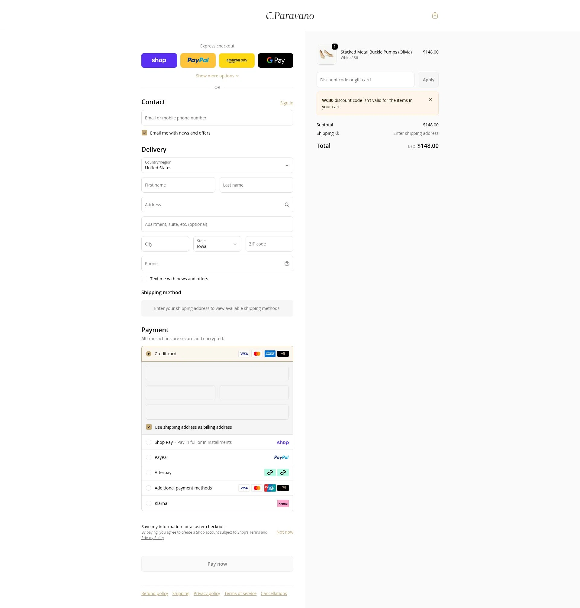 C.Paravano checkout page showing C.Paravano promo code box | Screenshot taken by SimplyCodes community member on Feb 16, 2026