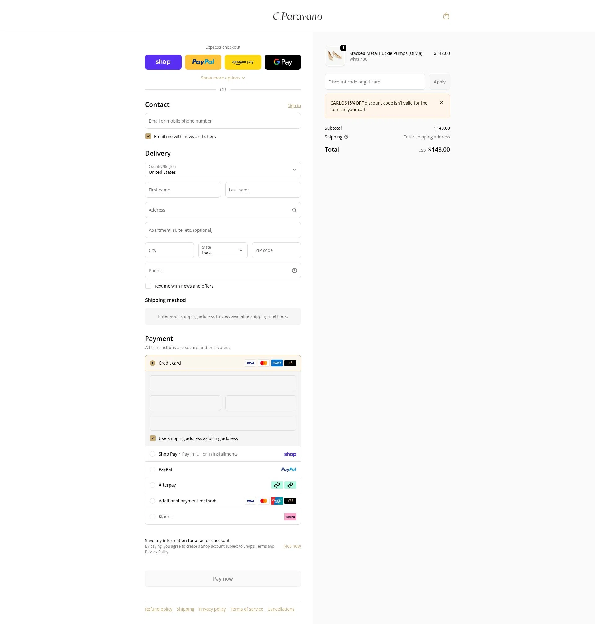 C.Paravano checkout page showing C.Paravano promo code box | Screenshot taken by SimplyCodes community member on Feb 16, 2026