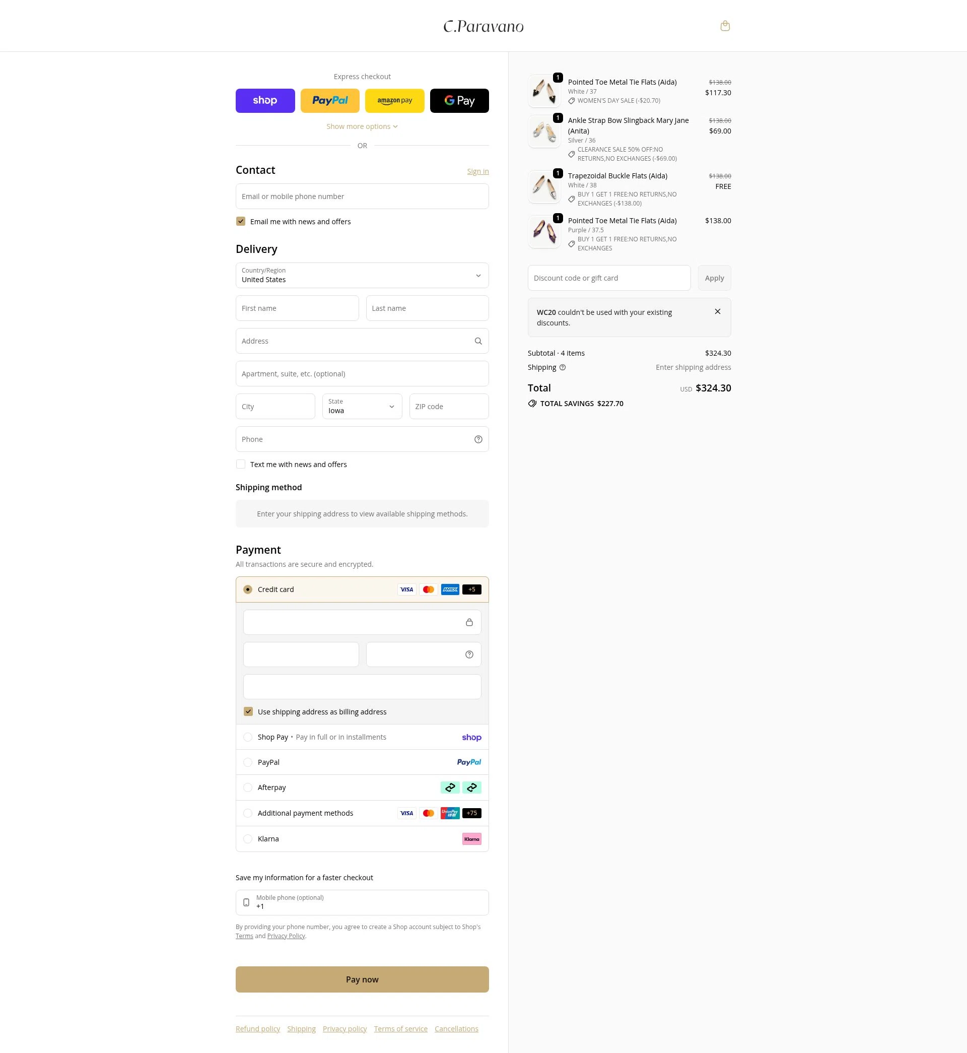 C.Paravano checkout page showing C.Paravano promo code box | Screenshot taken by SimplyCodes community member on Feb 20, 2026