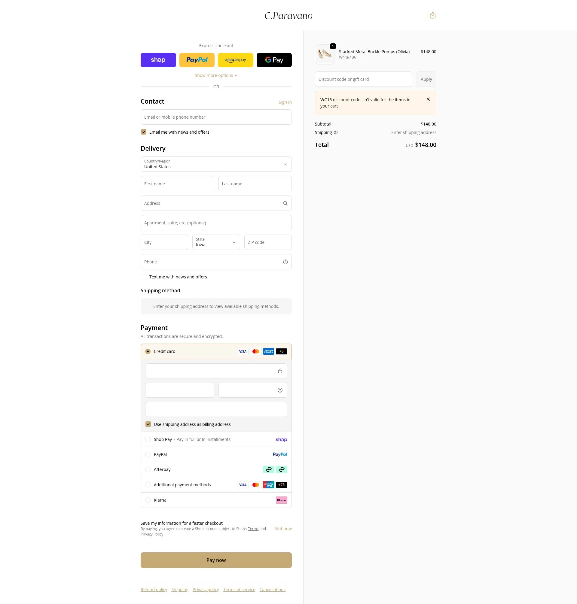 C.Paravano checkout page showing C.Paravano promo code box | Screenshot taken by SimplyCodes community member on Feb 16, 2026