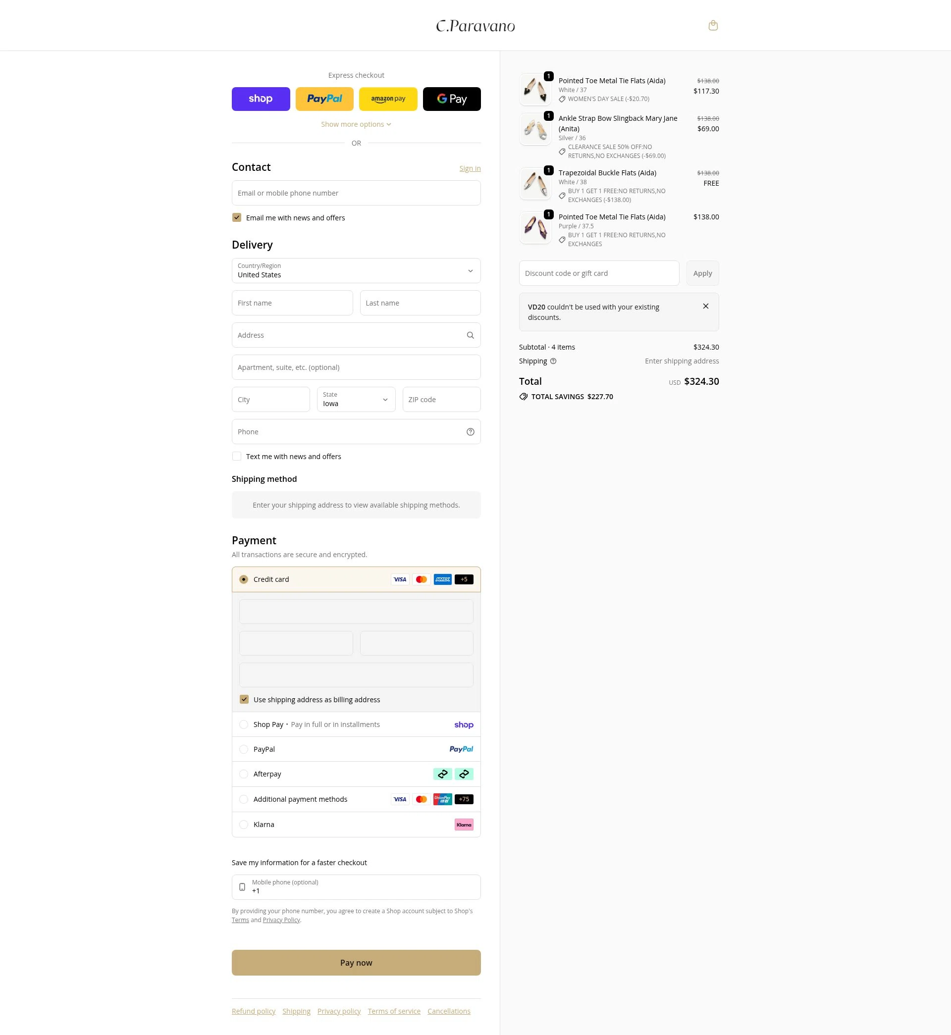 C.Paravano checkout page showing C.Paravano promo code box | Screenshot taken by SimplyCodes community member on Feb 20, 2026
