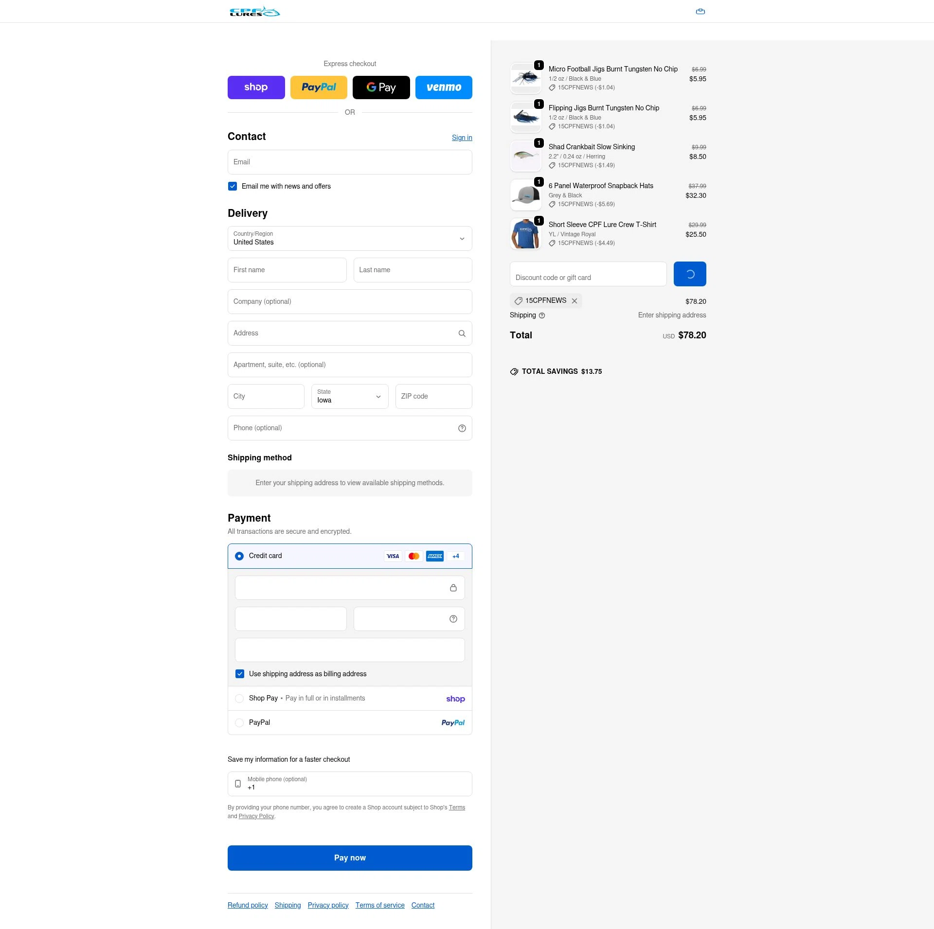 CPF Lures checkout page showing CPF Lures promo code box | Screenshot taken by SimplyCodes community member on Feb 16, 2026