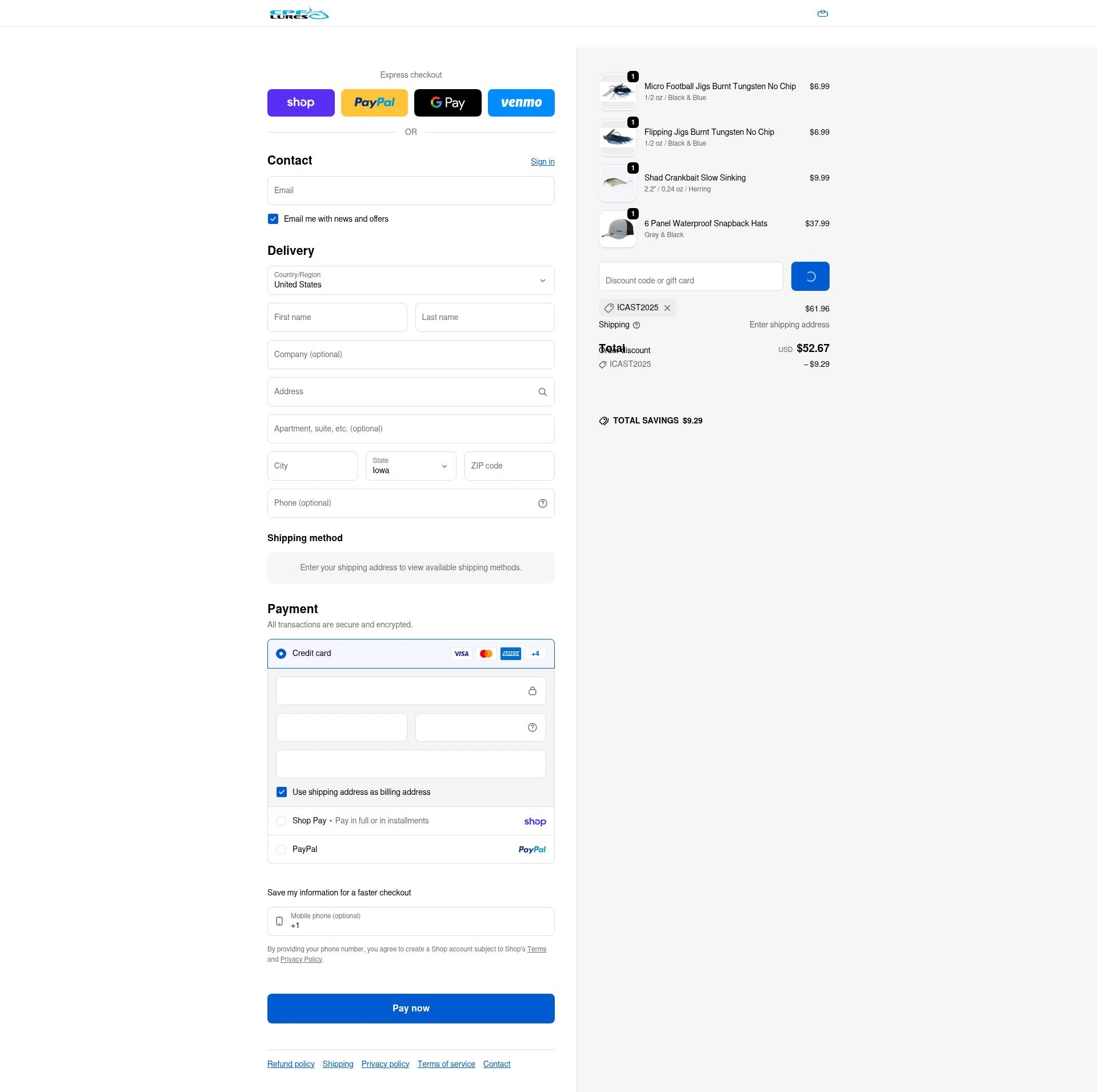 CPF Lures checkout page showing CPF Lures promo code box | Screenshot taken by SimplyCodes community member on Feb 7, 2026