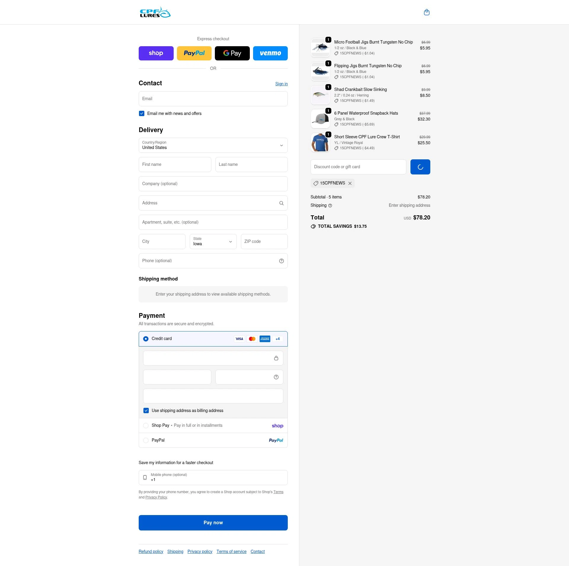 CPF Lures checkout page showing CPF Lures promo code box | Screenshot taken by SimplyCodes community member on Feb 20, 2026