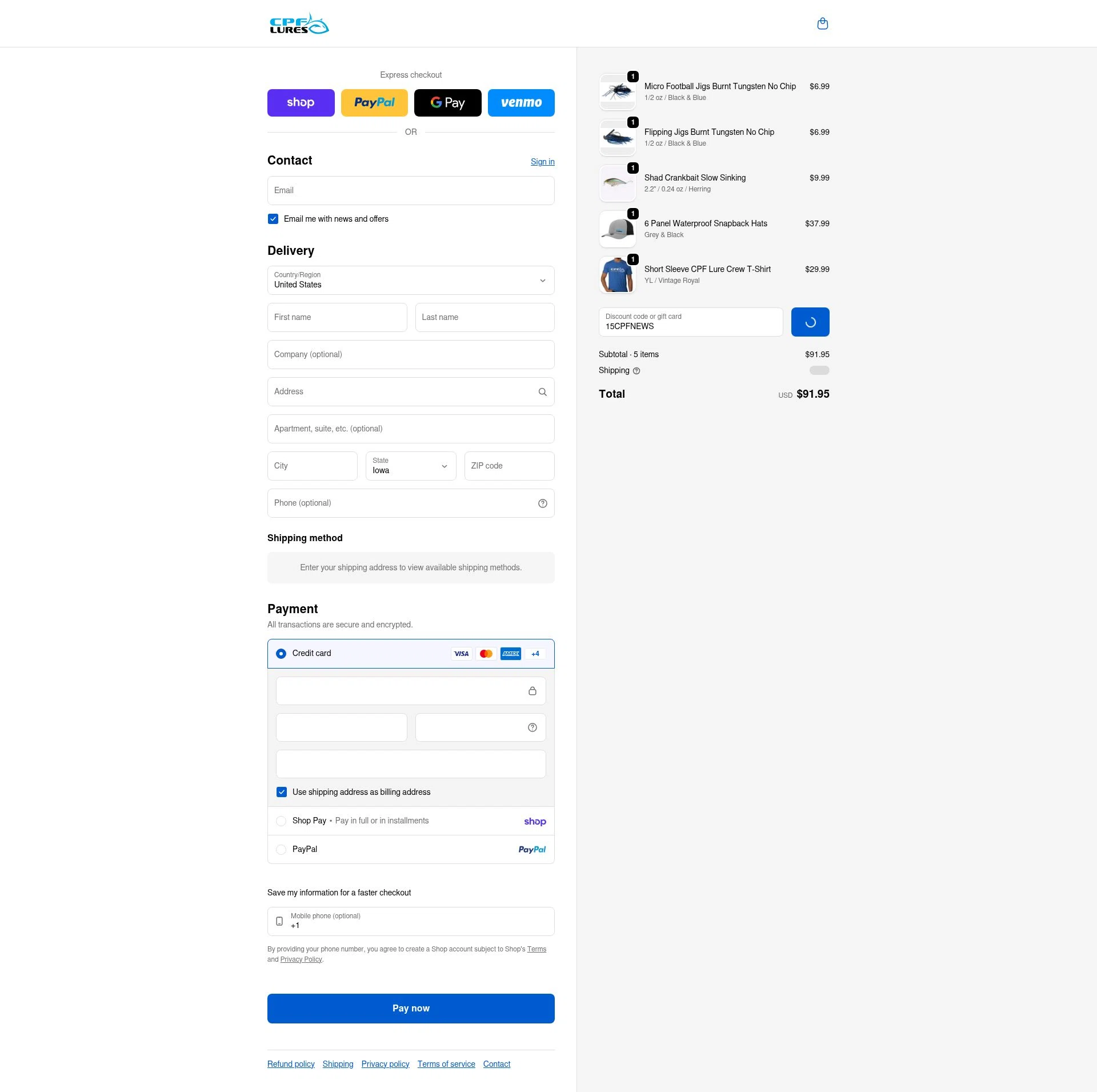 CPF Lures checkout page showing CPF Lures promo code box | Screenshot taken by SimplyCodes community member on Feb 11, 2026