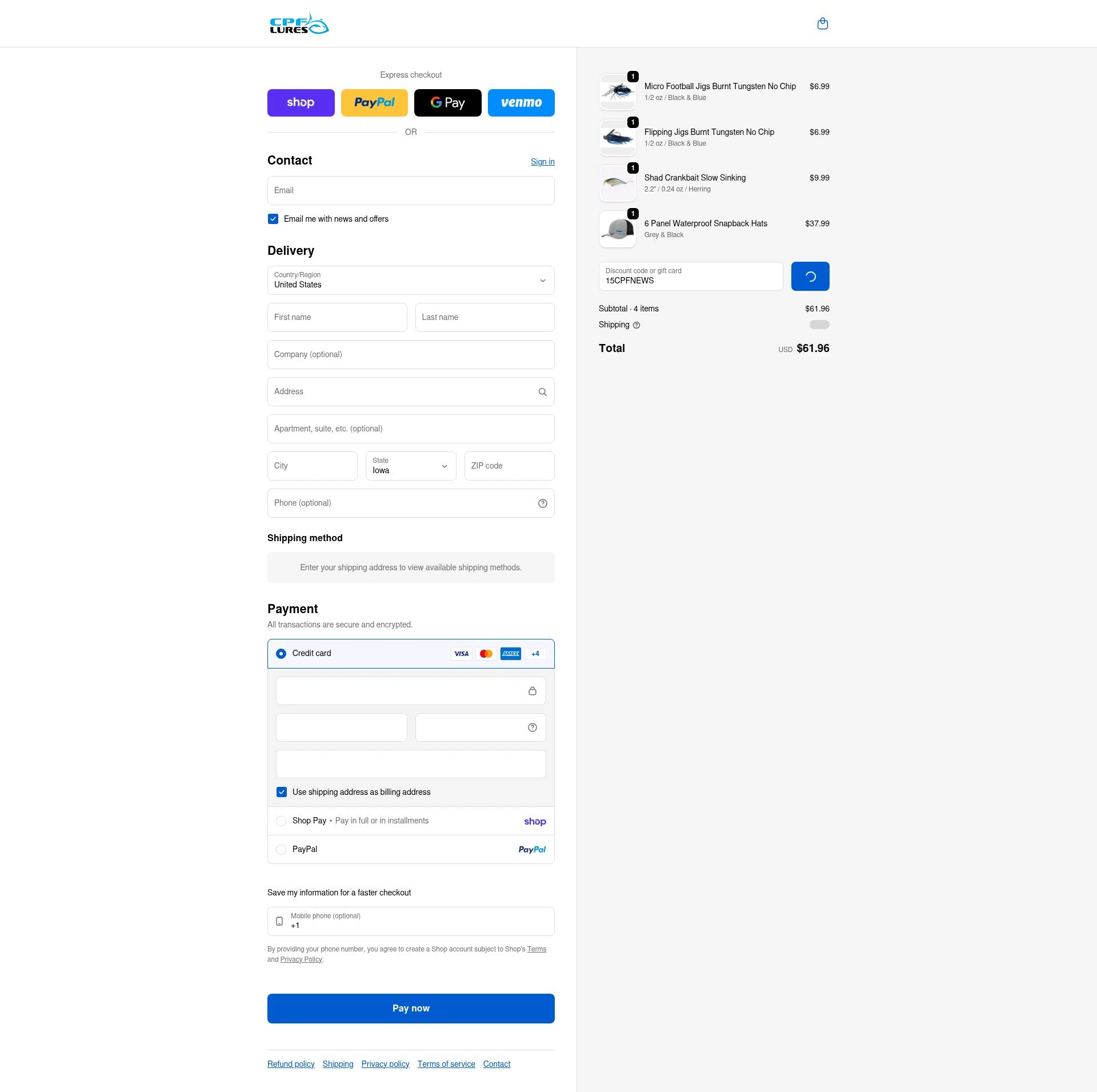 CPF Lures checkout page showing CPF Lures promo code box | Screenshot taken by SimplyCodes community member on Feb 7, 2026