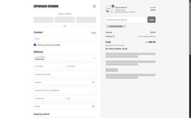 Copenhagen Grooming checkout page showing Copenhagen Grooming coupon code box | Screenshot taken by SimplyCodes community member on Aug 27, 2025