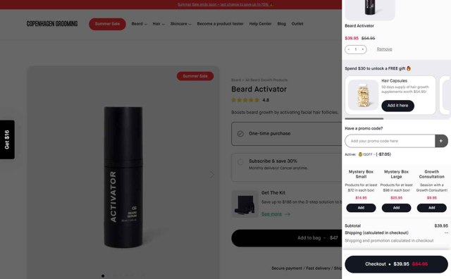 Copenhagen Grooming checkout page showing Copenhagen Grooming coupon code box | Screenshot taken by SimplyCodes community member on Aug 21, 2025