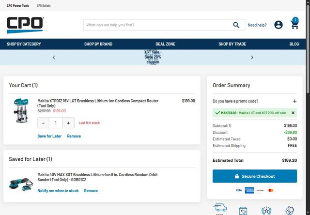 CPO DeWALT checkout page showing CPO DeWALT promo code box | Screenshot taken by SimplyCodes community member on Jul 24, 2025