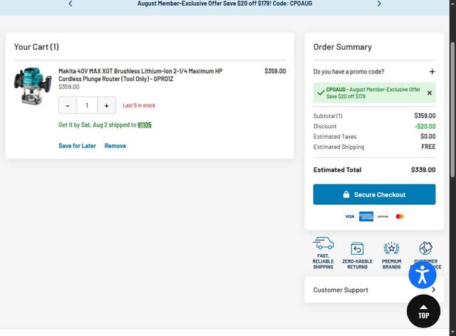CPO DeWALT checkout page showing CPO DeWALT promo code box | Screenshot taken by SimplyCodes community member on Aug 1, 2025