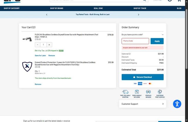 CPO DeWALT checkout page showing CPO DeWALT promo code box | Screenshot taken by SimplyCodes community member on Jul 28, 2025