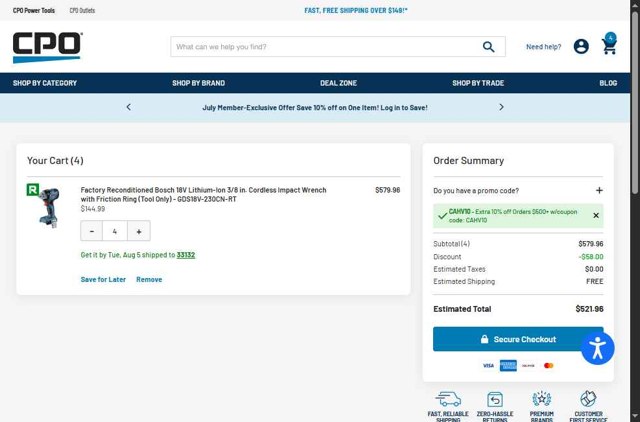 CPO DeWALT checkout page showing CPO DeWALT promo code box | Screenshot taken by SimplyCodes community member on Jul 31, 2025