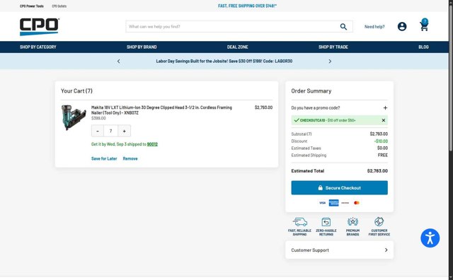 CPO DeWALT checkout page showing CPO DeWALT promo code box | Screenshot taken by SimplyCodes community member on Sep 1, 2025