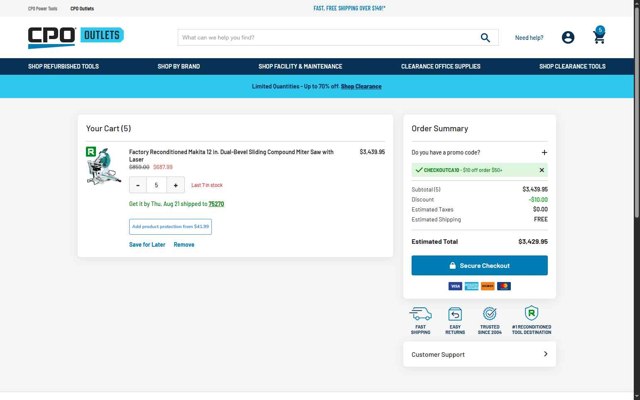 CPO Outlets checkout page showing CPO Outlets coupon code box | Screenshot taken by SimplyCodes community member on Aug 18, 2025