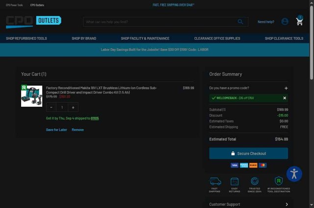 CPO Outlets checkout page showing CPO Outlets coupon code box | Screenshot taken by SimplyCodes community member on Sep 2, 2025