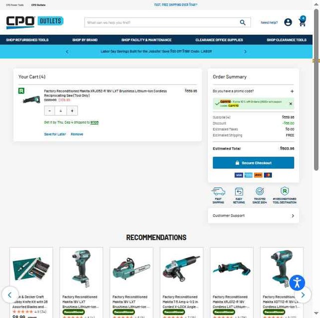 CPO Outlets checkout page showing CPO Outlets coupon code box | Screenshot taken by SimplyCodes community member on Aug 31, 2025