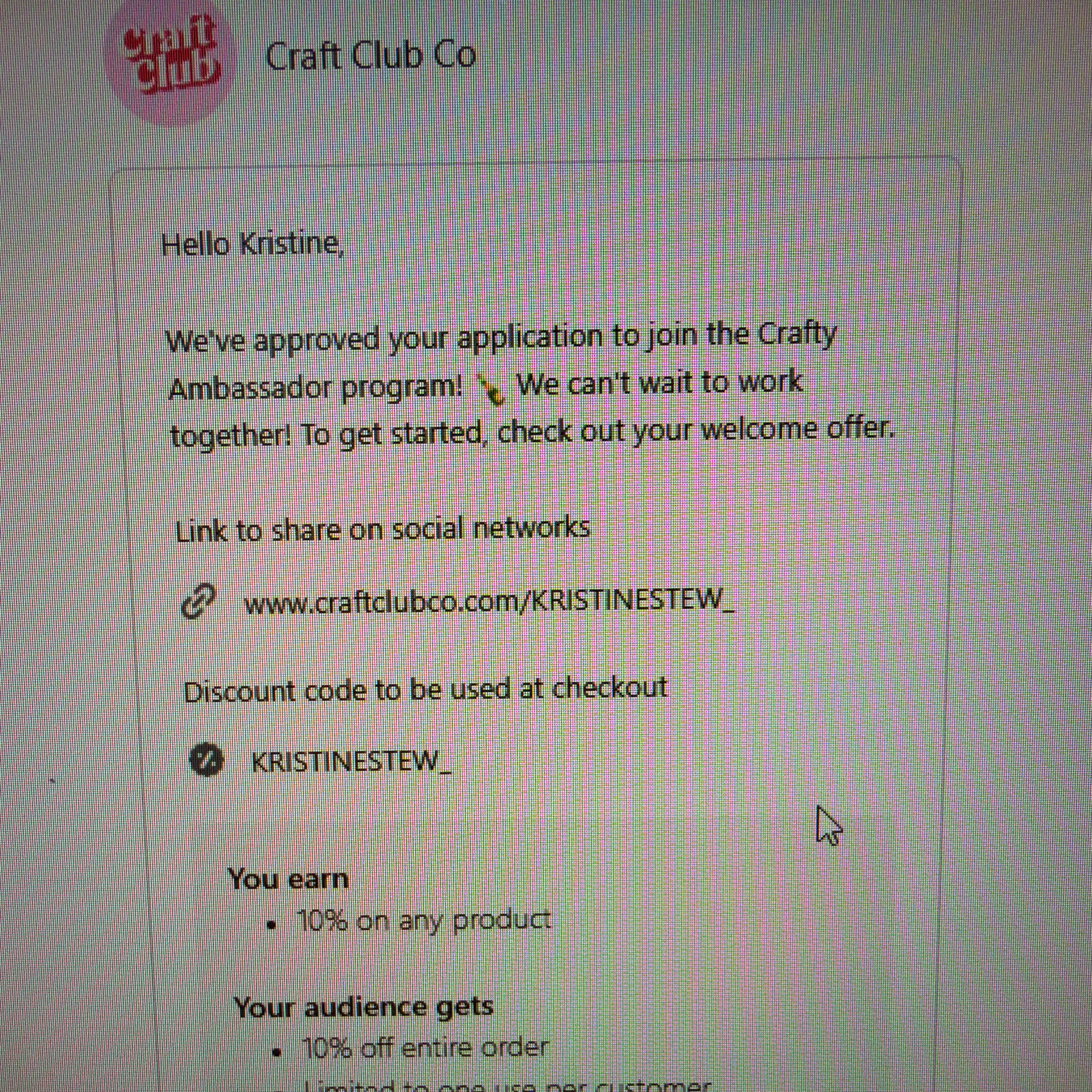 Craft Club Co discount code screenshot showing code KRISTINESTEW_ applied at Craft Club Co checkout page. Uploaded by SimplyCodes community member KristineStew_ on Feb 5, 2026