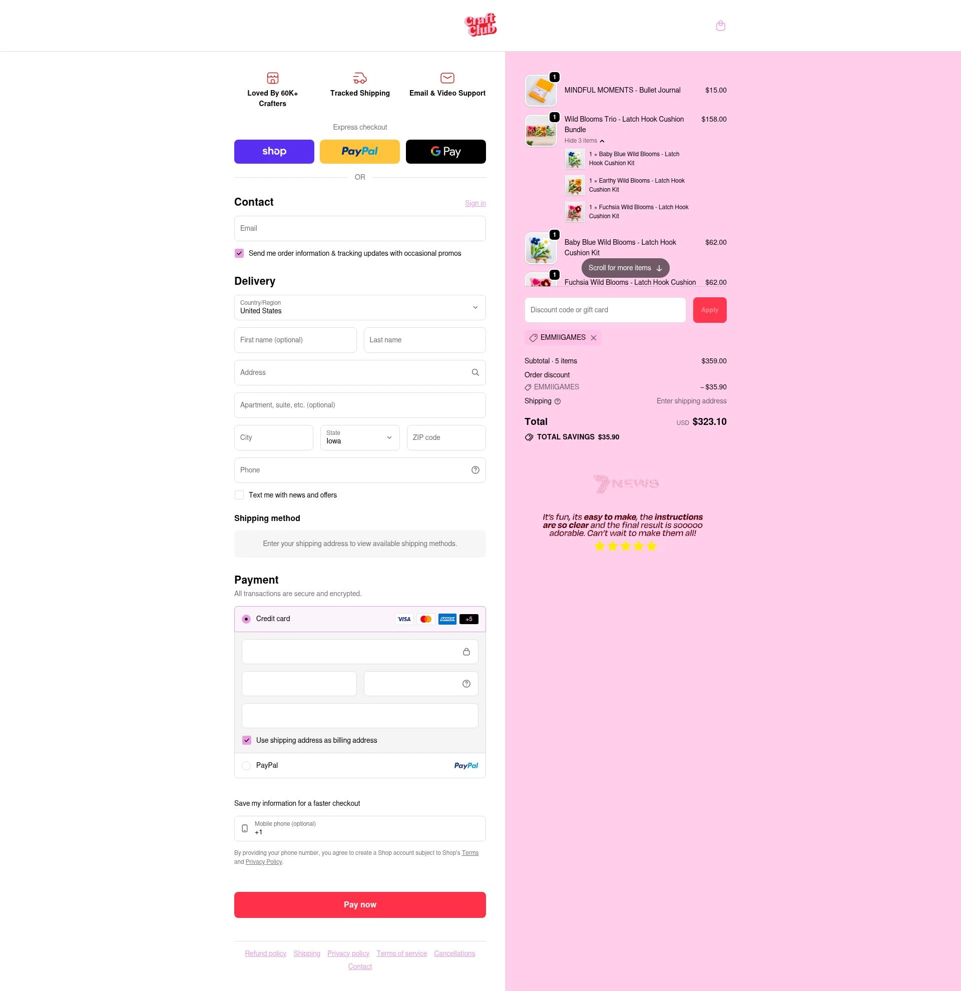 Craft Club Co checkout page showing Craft Club Co discount code box | Screenshot taken by SimplyCodes community member on Feb 4, 2026