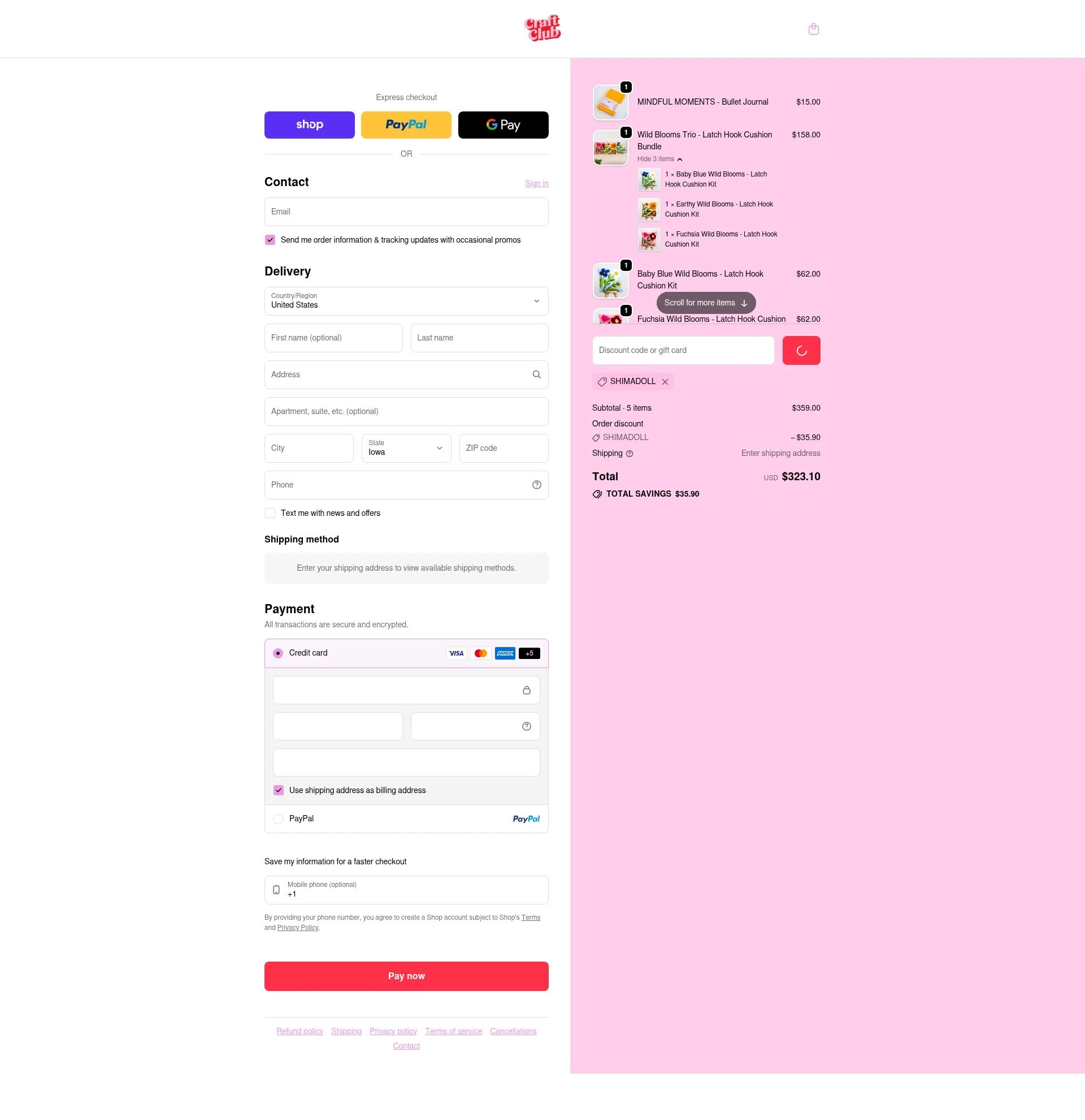 Craft Club Co checkout page showing Craft Club Co discount code box | Screenshot taken by SimplyCodes community member on Feb 4, 2026
