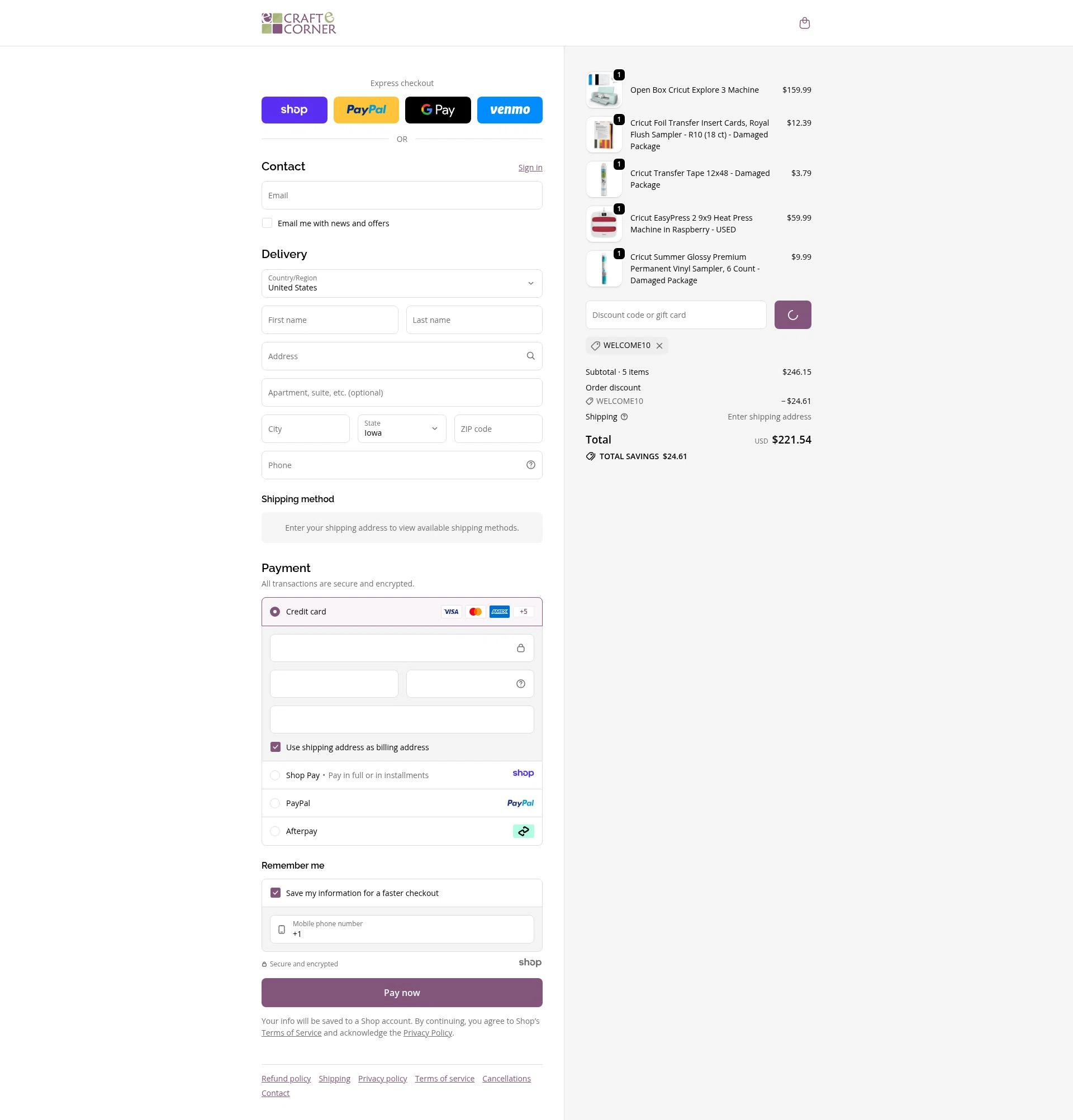 Craft-E-Corner checkout page showing Craft-E-Corner discount code box | Screenshot taken by SimplyCodes community member on Dec 29, 2025