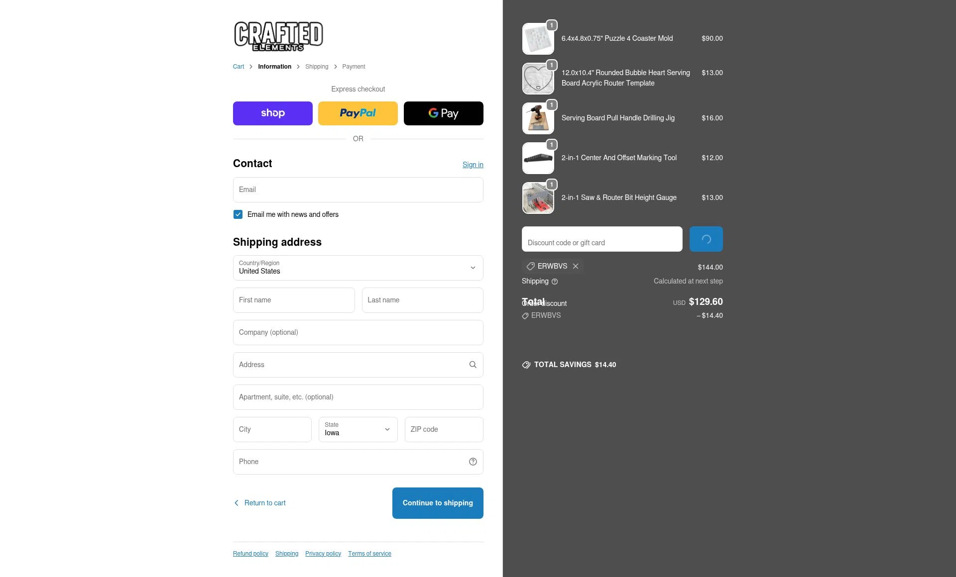 Crafted Elements checkout page showing Crafted Elements discount code box | Screenshot taken by SimplyCodes community member on Feb 1, 2026