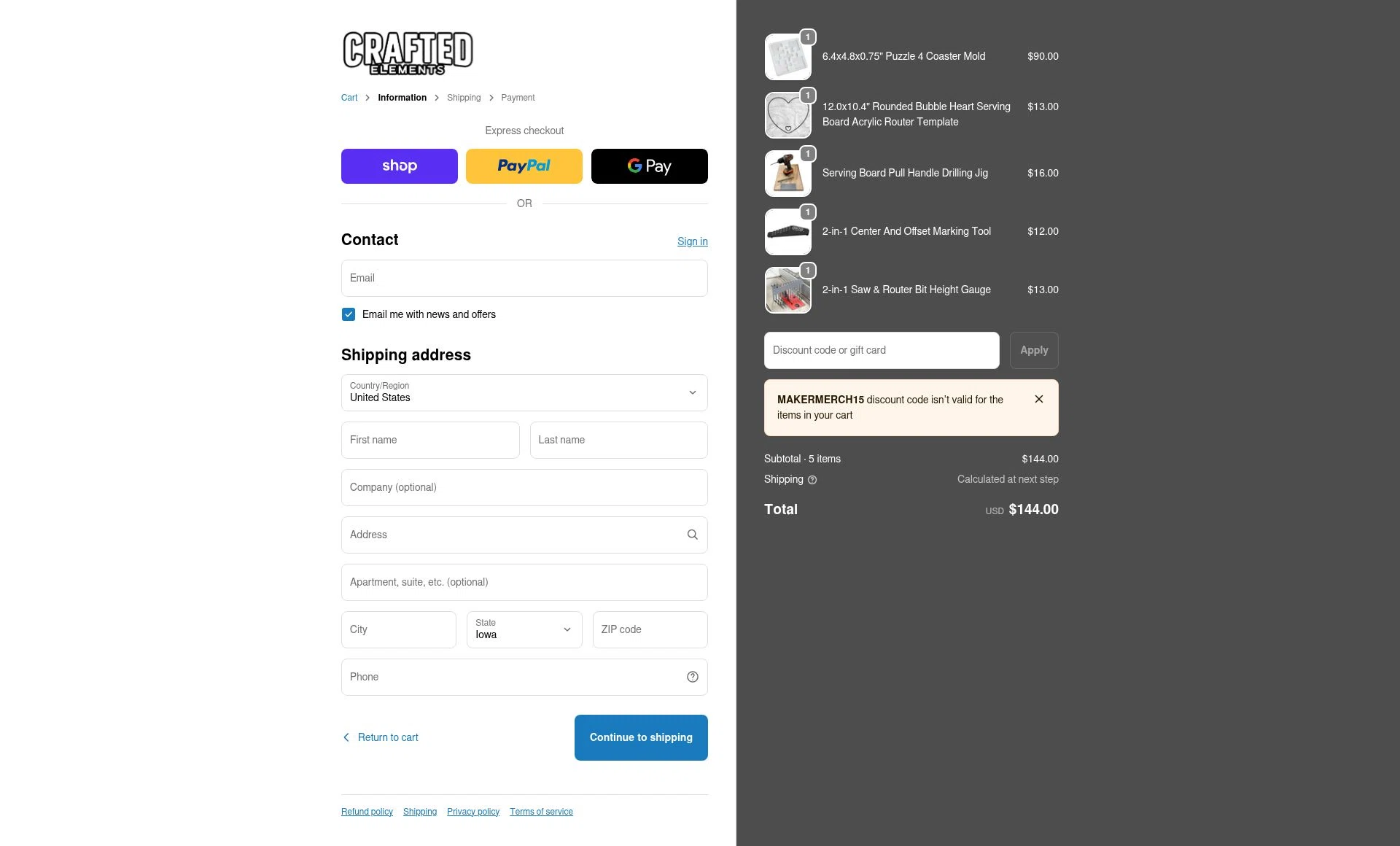 Crafted Elements checkout page showing Crafted Elements discount code box | Screenshot taken by SimplyCodes community member on Feb 5, 2026