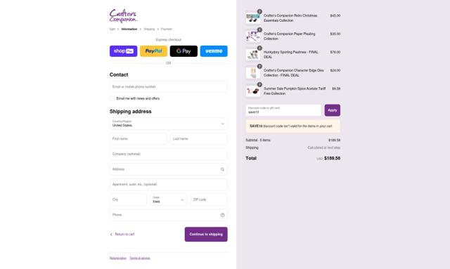 Crafters Companion checkout page showing Crafters Companion discount code box | Screenshot taken by SimplyCodes community member on Aug 20, 2025