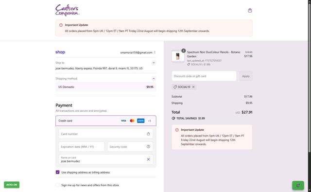 Crafters Companion checkout page showing Crafters Companion discount code box | Screenshot taken by SimplyCodes community member on Sep 10, 2025