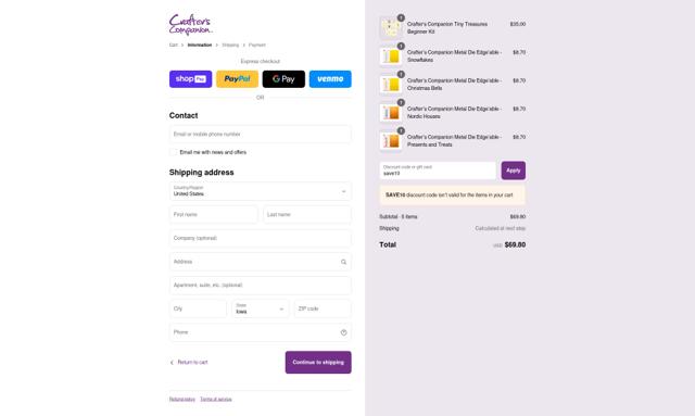 Crafters Companion checkout page showing Crafters Companion discount code box | Screenshot taken by SimplyCodes community member on Aug 11, 2025