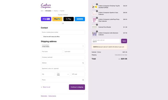 Crafters Companion checkout page showing Crafters Companion discount code box | Screenshot taken by SimplyCodes community member on Aug 7, 2025