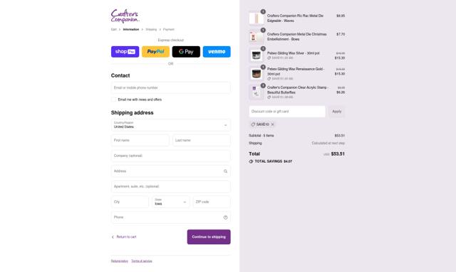 Crafters Companion checkout page showing Crafters Companion discount code box | Screenshot taken by SimplyCodes community member on Aug 15, 2025