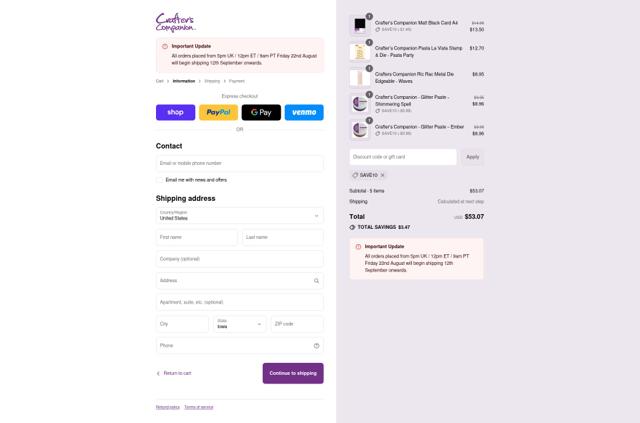 Crafters Companion checkout page showing Crafters Companion discount code box | Screenshot taken by SimplyCodes community member on Sep 2, 2025