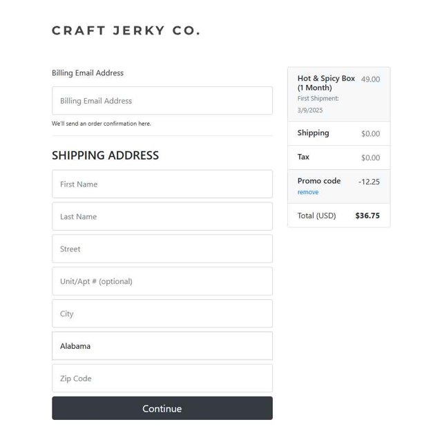Craft Jerky Co. checkout page showing Craft Jerky Co. promo code box | Screenshot taken by SimplyCodes community member on Sep 3, 2025