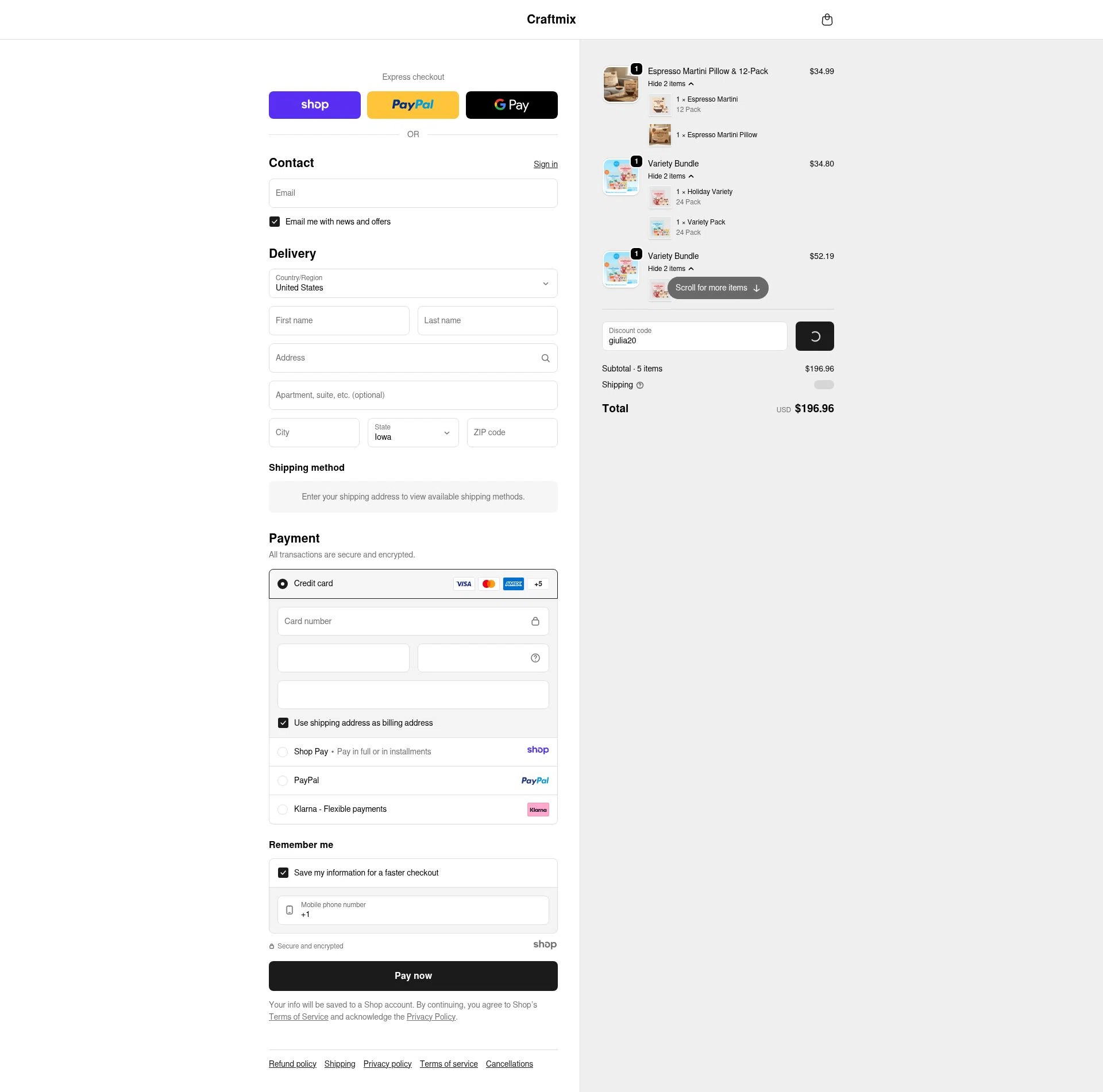 Craftmix checkout page showing Craftmix discount code box | Screenshot taken by SimplyCodes community member on Jan 8, 2026