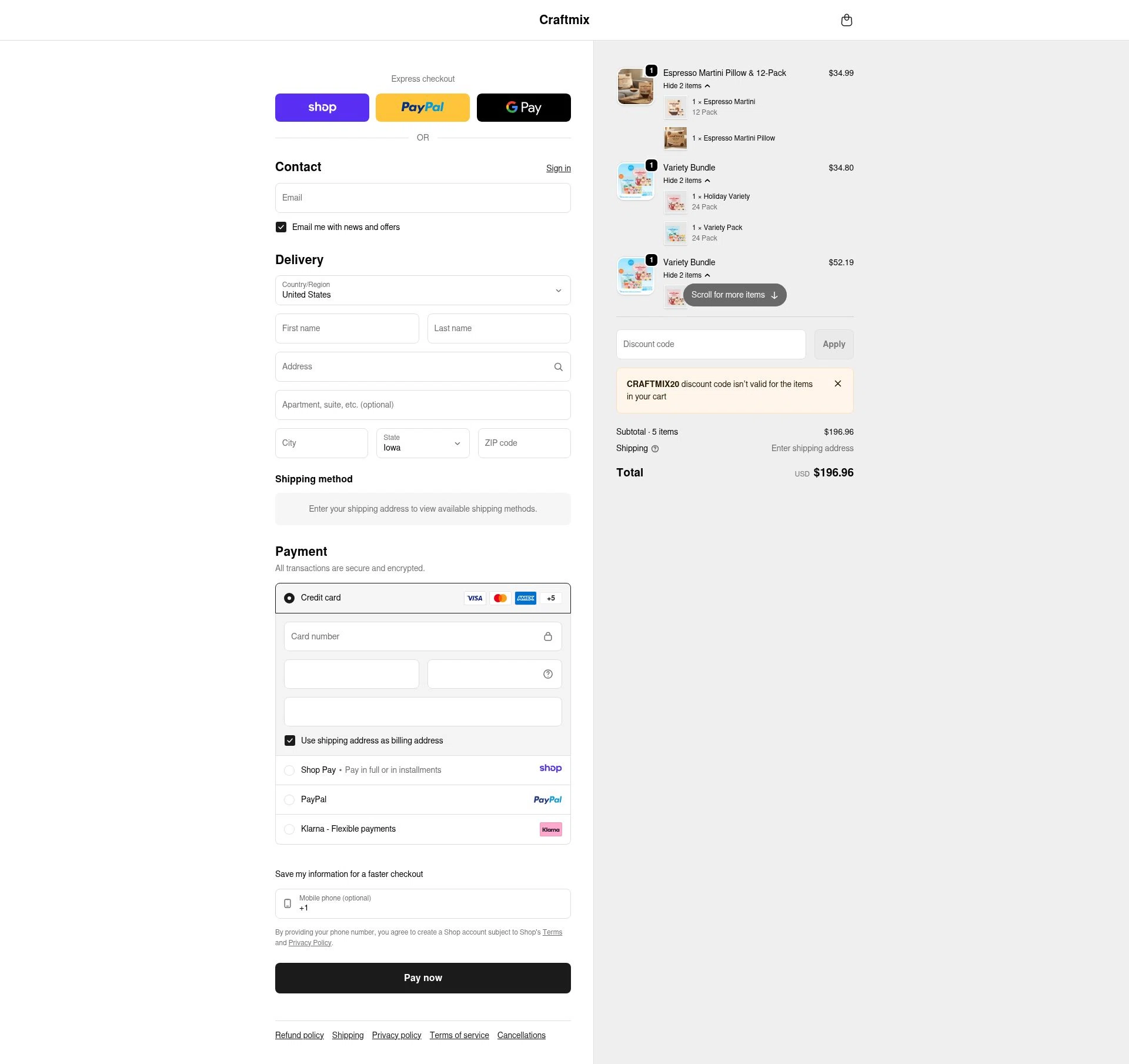 Craftmix checkout page showing Craftmix discount code box | Screenshot taken by SimplyCodes community member on Jan 8, 2026
