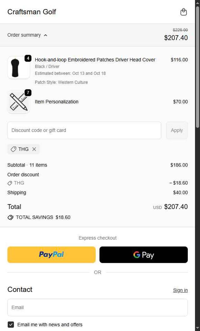 Craftsman Golf checkout page showing Craftsman Golf discount code box | Screenshot taken by SimplyCodes community member on Oct 3, 2025