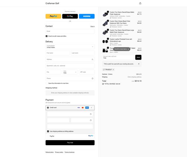 Craftsman Golf checkout page showing Craftsman Golf discount code box | Screenshot taken by SimplyCodes community member on Oct 3, 2025