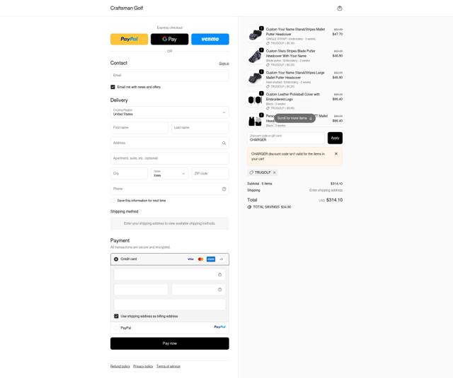 Craftsman Golf checkout page showing Craftsman Golf discount code box | Screenshot taken by SimplyCodes community member on Oct 3, 2025