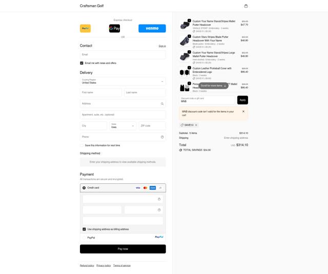 Craftsman Golf checkout page showing Craftsman Golf discount code box | Screenshot taken by SimplyCodes community member on Oct 3, 2025