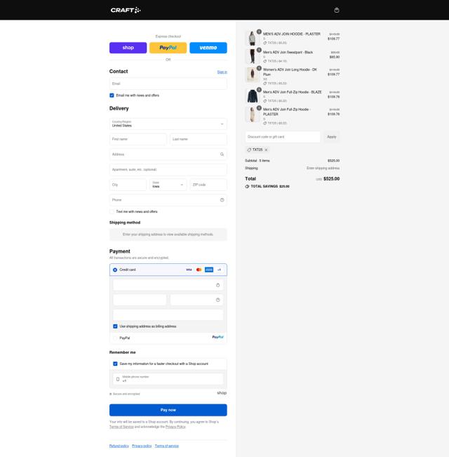 Craft Sports checkout page showing Craft Sports discount code box | Screenshot taken by SimplyCodes community member on Sep 12, 2025