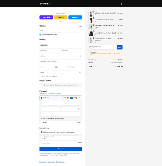 Craft Sports checkout page showing Craft Sports discount code box | Screenshot taken by SimplyCodes community member on Aug 26, 2025