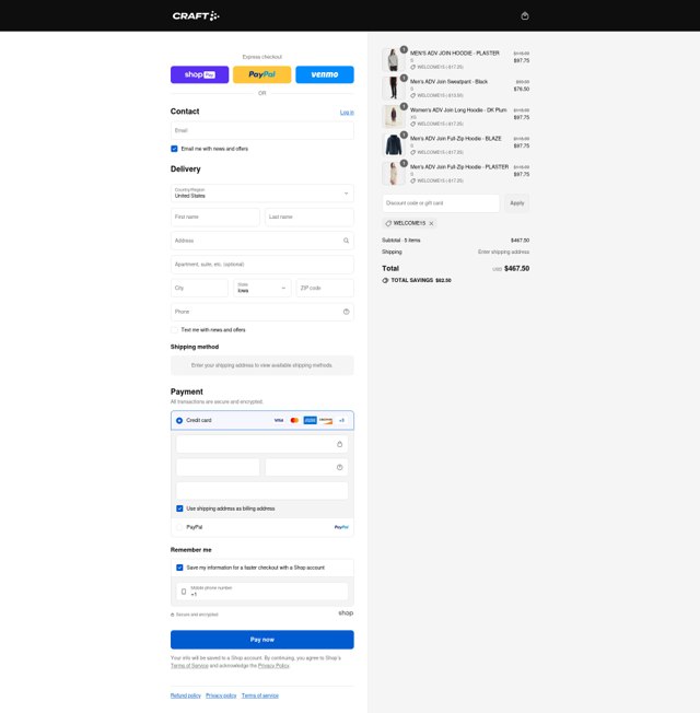 Craft Sports checkout page showing Craft Sports discount code box | Screenshot taken by SimplyCodes community member on Aug 26, 2025