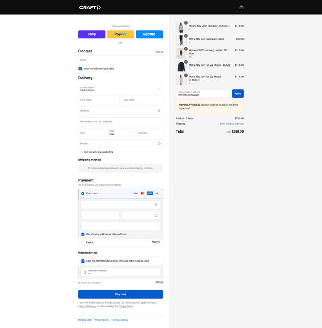 Craft Sports checkout page showing Craft Sports discount code box | Screenshot taken by SimplyCodes community member on Sep 12, 2025